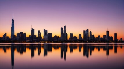 Obraz premium arafficial city skyline with skyscrapers reflected in the water
