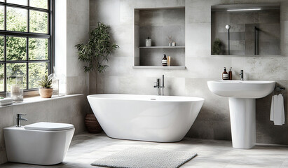 Modern bathroom suite with freestanding bath, sink, and toilet; plants and window view