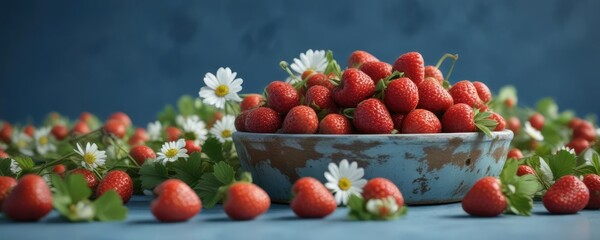 Einige Erdbeeren in einem Strunk mit Bl?ttern und Blumenstrunk auf einem hellblauen Hintergrund, frucht, herbst, pastellfarben