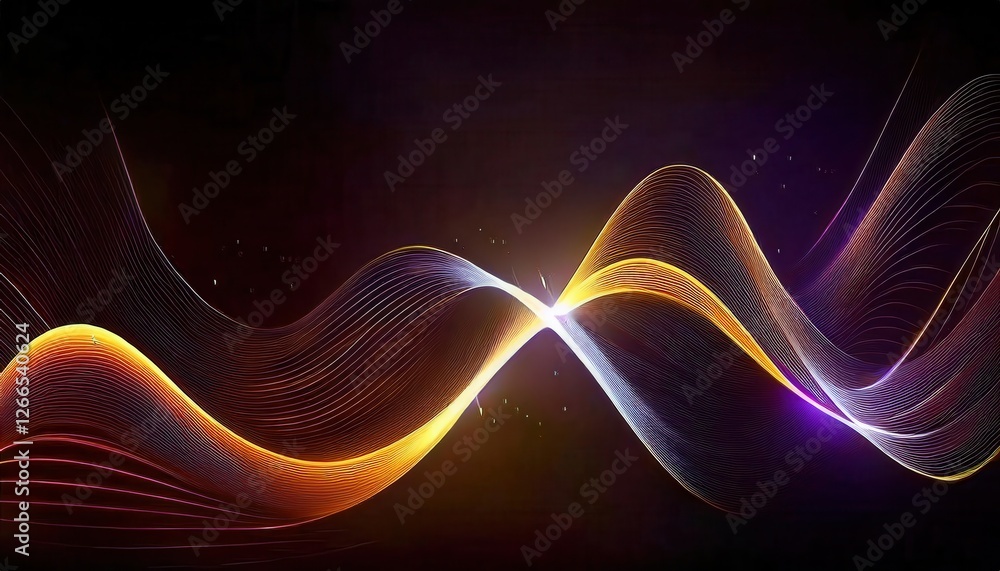 Poster glowing abstract sound wave patterns with colorful gradient lines and light effects for creative designs and digital projects