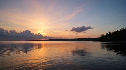 arafed view of a lake with a sunset in the background