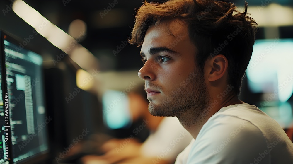 Aufkleber young developer focused intently on lines of code in dim office