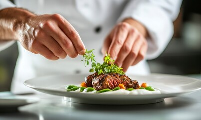 chef is plating up an exquisite dish of lamb, with tiny green stripes of vegetables on top and some herbs for garnish