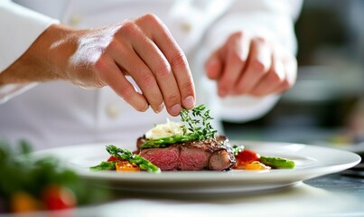 chef is plating up an exquisite dish of lamb, with tiny green stripes of vegetables on top and some herbs for garnish