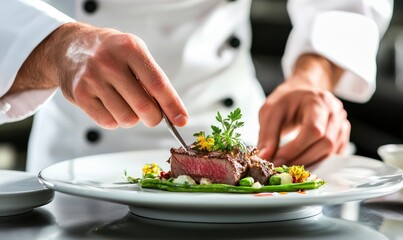 chef is plating up an exquisite dish of lamb, with tiny green stripes of vegetables on top and some herbs for garnish