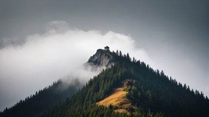 there is a small tower on top of a mountain with trees