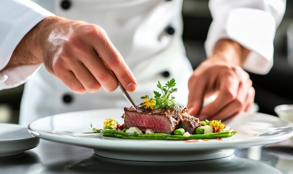 chef is plating up an exquisite dish of lamb, with tiny green stripes of vegetables on top and some herbs for garnish