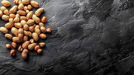 Elegant and minimalist still life photograph showcasing a handful of roasted peanuts against a dark slate background highlighting the contrast and simplicity of the natural food item