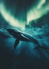 Fototapeta premium Whale swimming under northern lights in a magical ocean setting