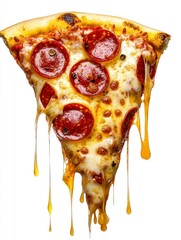slice of pizza with pepperoni and cheese, dripping on a white background