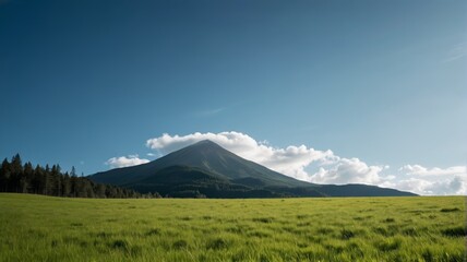 Fototapeta premium there is a large mountain in the distance with a field of grass