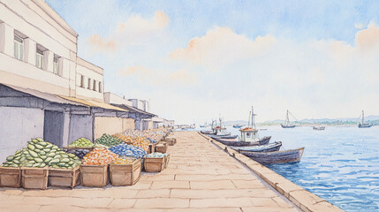 Fototapeta premium Waterfront Market Scene with Colorful Produce