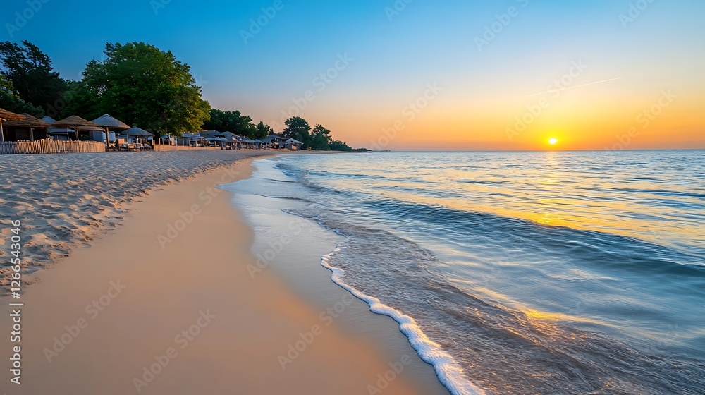 Wall mural Seaside Waves roll on sandy beach at sunrise; sun umbrellas line shore in background, for travel ads