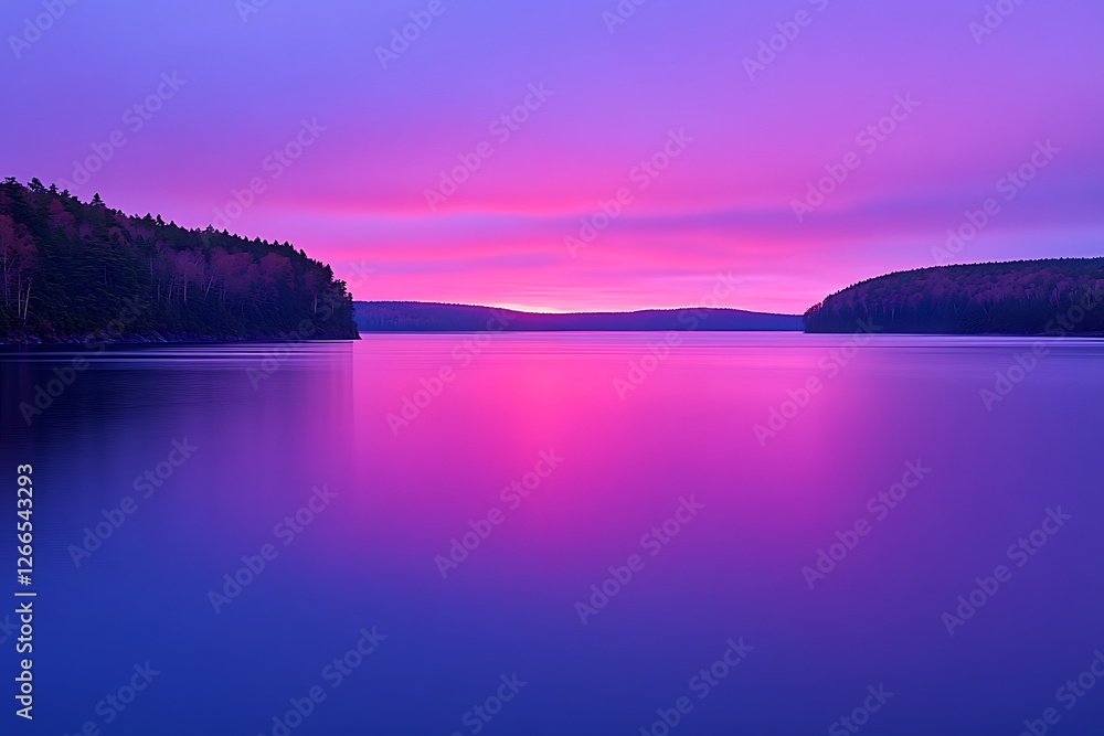 Canvas Prints Serene lake sunrise reflecting vibrant colors, misty hills