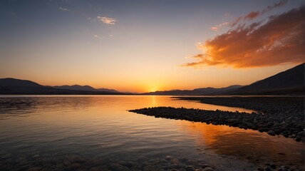 Fototapeta premium sunset over a lake with rocks and water and mountains in the background