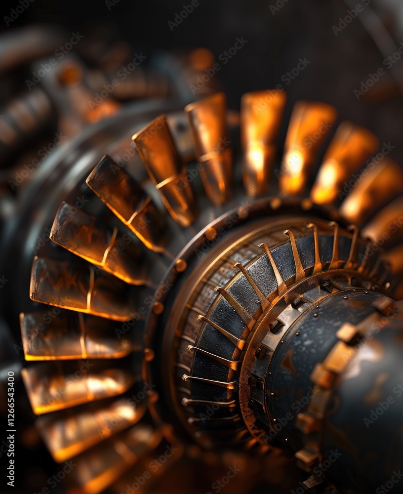 Poster a close-up view of a turbine rotor, showcasing its intricate design and metallic textures, illuminat