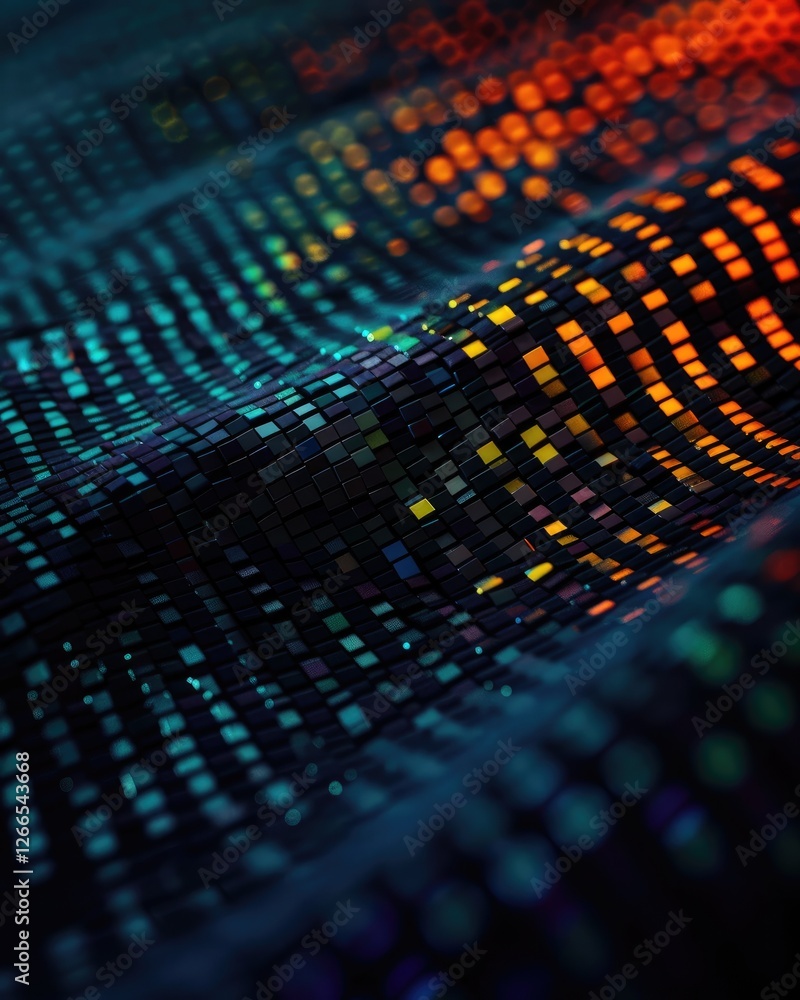Poster a vibrant, abstract image showcasing colorful dots arranged in a wave pattern, creating a dynamic vi