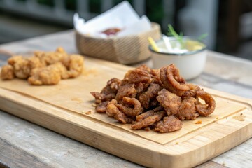 Fototapeta premium Fried pork intestine on a wooden cutting board, cooking, protein, wooden cutting board, meat, savory