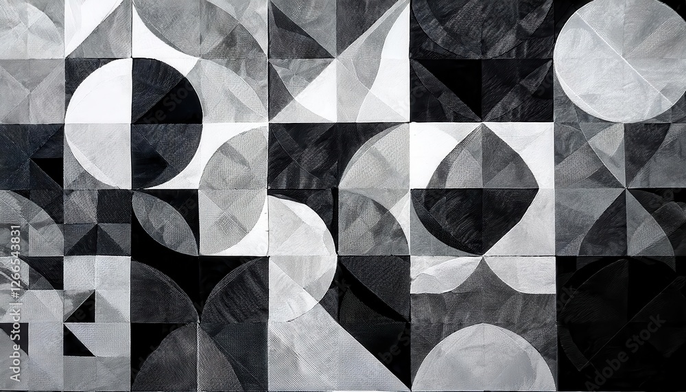 Poster abstract geometric monochrome artwork with intersecting circles, squares, and triangular forms in black and white