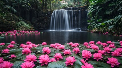 A beautiful landscape with a waterfall and a pond full of pink flowers