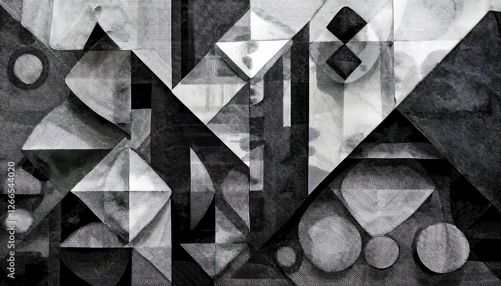 Fototapete abstract geometric monochrome artwork with intersecting circles, squares, and triangular forms in black and white