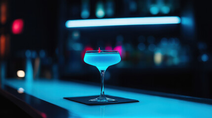 vibrant blue lagoon cocktail glowing in dark bar