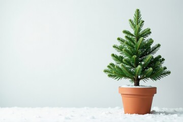 Fototapeta premium White background with potted evergreen tree and snowflakes, background, snowflake