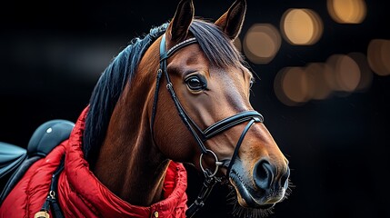 Obraz premium Chestnut horse stable portrait, night lights