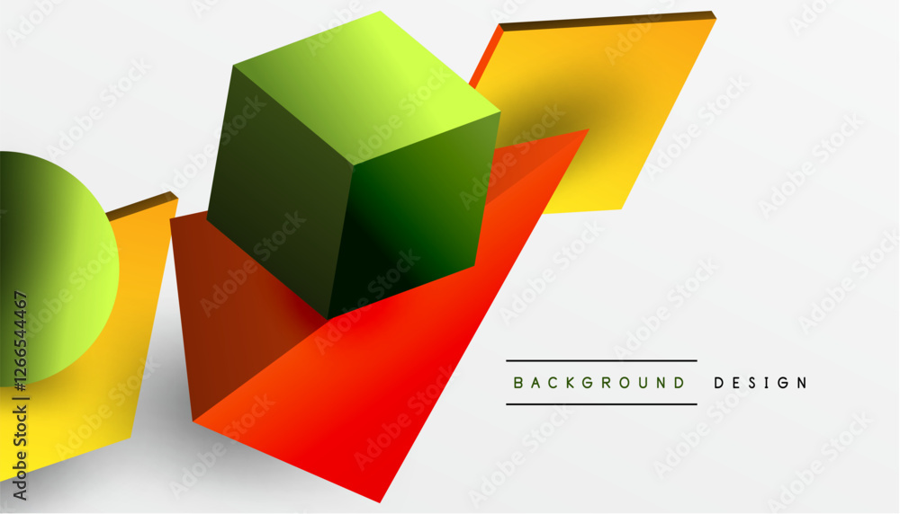 Poster abstract design showcasing isometric cubes, pyramids, squares, and spheres in a vibrant 3d layout. m