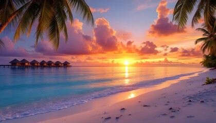 Stunning Tropical Sunset Beach Scene with Overwater Bungalows