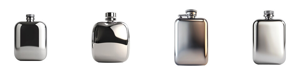 Obraz premium Set of sleek stainless steel hip flask isolated on transparent background