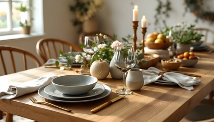 Fototapeta premium Elegant Autumn Table Setting with Grey Dinnerware