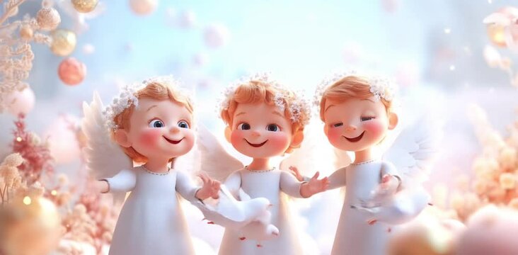 3d cute three happy little angels with wings holding dove and letting go of birds. Holy christmas easter celebration of love