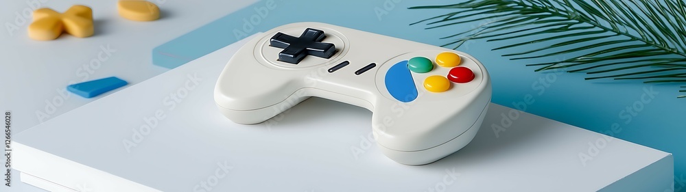 Poster white gaming controller on a minimalist background, surrounded by colorful items, evoking a playful 
