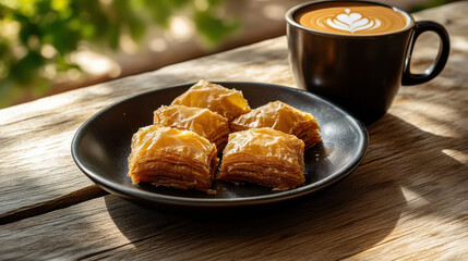 warm plate of baklava served with cup of coffee