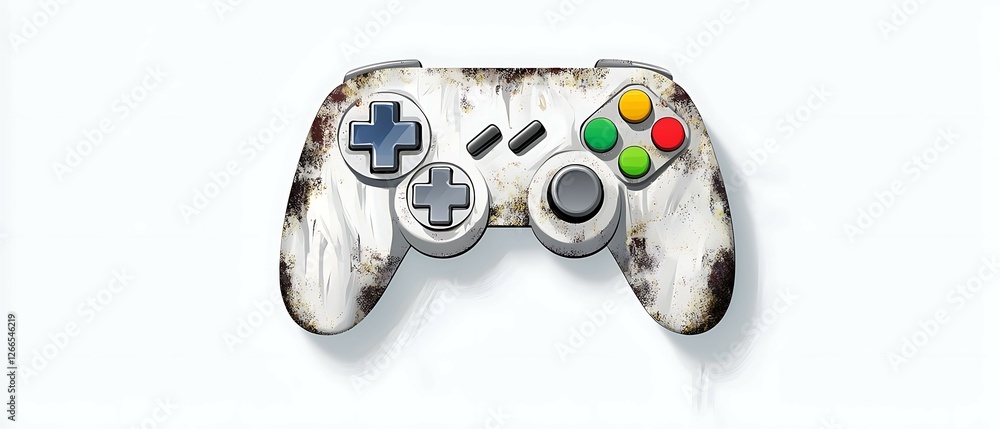 Poster old and worn video game controller with colorful buttons against a light background, evoking nostalg