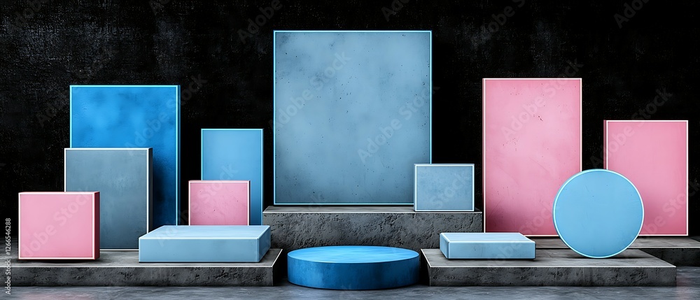 Aufkleber colorful geometric shapes in blue and pink arranged on a dark surface, creating a modern and artisti