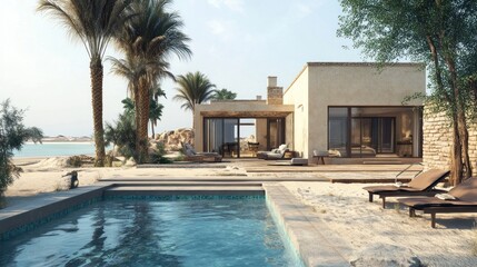Fototapeta premium A serene modern villa by the beach with a pool and palm trees.