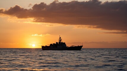 Obraz premium arafed boat in the ocean at sunset with clouds in the sky