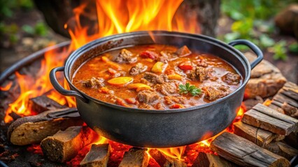 Hearty beef goulash simmering in a large Dutch oven over an open flame