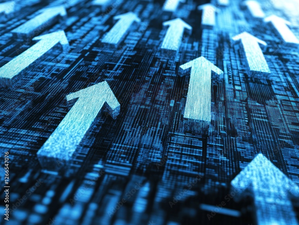 Poster abstract digital background featuring upward arrows amidst a network of interconnected lines, symbol