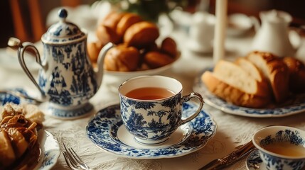 Fototapeta premium Elegant Tea Setting with Delicate Porcelain and Fresh Pastries