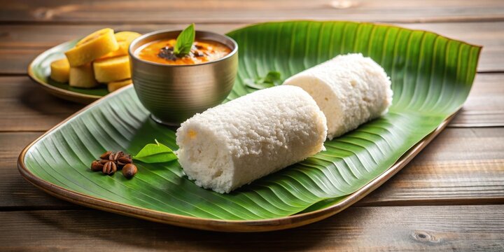 Steaming hot puttu made of rice flour and coconut served on a banana leaf with a side of spicy kadala curry , South Indian cuisine, coconut milk