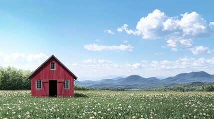 Obraz premium Peaceful Illustrated Farm Landscape with Red House and Scenic Mountains Under Blue Sky