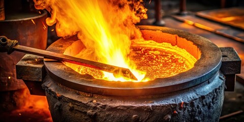 Red-hot metal half-branch formed in the crucible melting furnace with intense flames and molten lava surrounding it , furnace