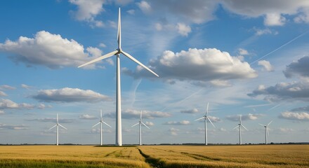 Wind Turbines in Golden Wheat Field Under Blue Sky