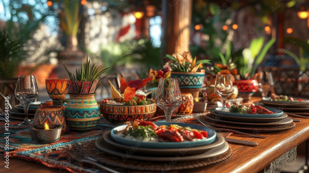 Poster a vibrant table setting featuring an array of colorful dishes, fresh ingredients, and decorative ele