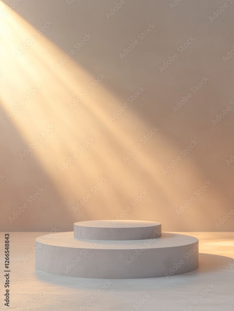 Poster a round podium is located in the center of an empty room, illuminated by soft light from above.