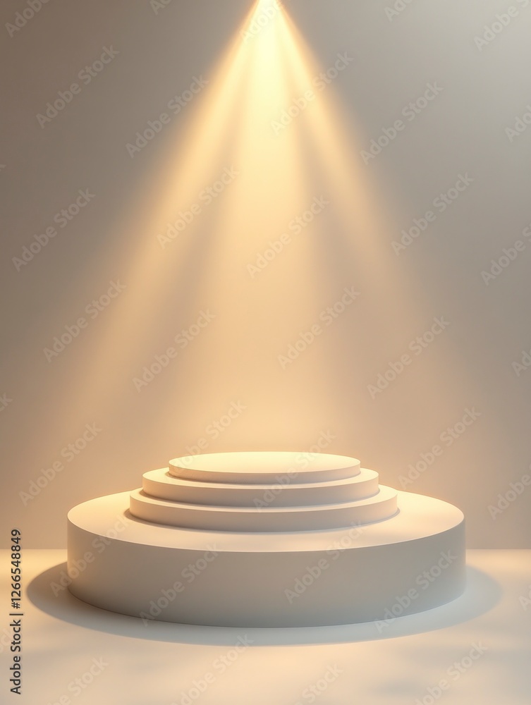 Poster a round podium is located in the center of an empty room, illuminated by soft light from above.