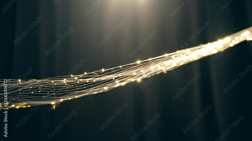 Poster fly-through backlit glowing fiber optic strands video, creating an ethereal network of illuminated t